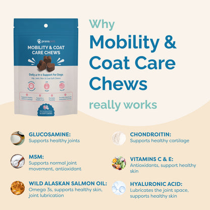 Package of mobility and coat care chews with benefits listed on a beige background