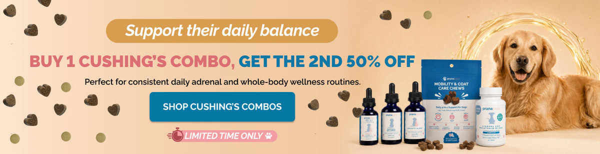 Promotional banner for Cushing's Combo pet supplements, featuring a golden retriever, bottles, a blue box, and a white bottle on a beige background with text offering a 50% off second purchase.